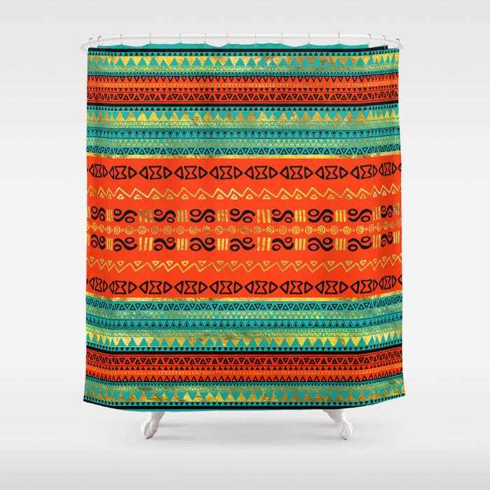 Ethnic Tribal Pattern Gold Orange And Teal Shower Curtain By