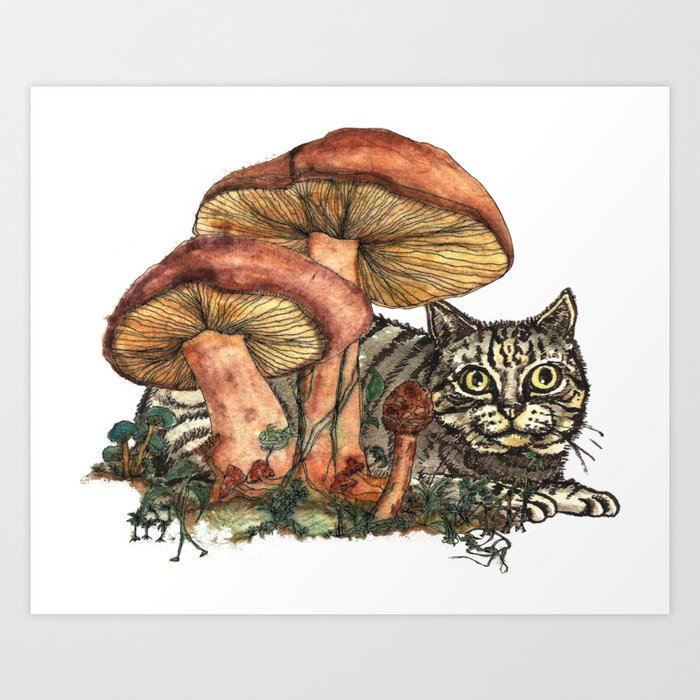 Mushroom and Cat Art Print