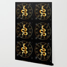 Zodiac symbols astrology signs with mystic serpentine in gold Wallpaper