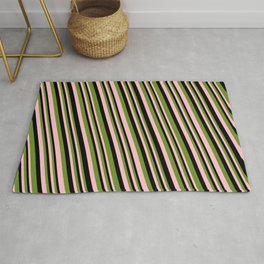 [ Thumbnail: Green, Pink, and Black Colored Striped Pattern Rug ]