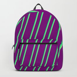 [ Thumbnail: Purple, Green & Light Green Colored Lined/Striped Pattern Backpack ]