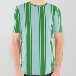 [ Thumbnail: Powder Blue and Forest Green Colored Stripes Pattern All Over Graphic Tee ]