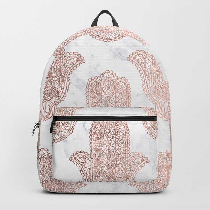Modern rose gold floral lace hamsa hands white marble illustration pattern Backpack