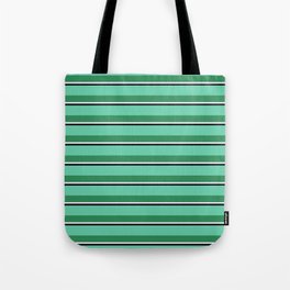 [ Thumbnail: Aquamarine, Sea Green, Lavender, and Black Colored Striped/Lined Pattern Tote Bag ]