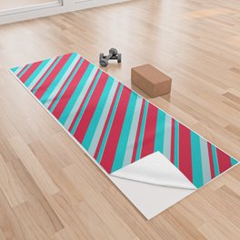 [ Thumbnail: Powder Blue, Dark Turquoise, and Crimson Colored Lined Pattern Yoga Towel ]