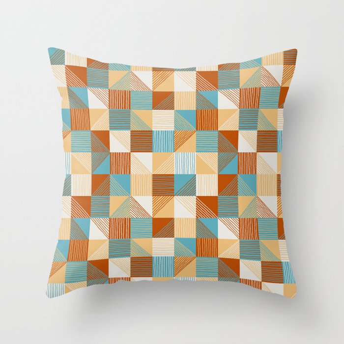 Modern Geometric Checkers with Lines, Turquoise, Rust, Apricot, Cream Throw Pillow