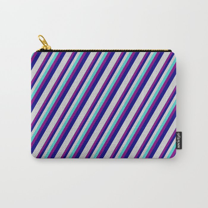 Turquoise, Purple, Blue, and Light Grey Colored Striped/Lined Pattern Carry-All Pouch
