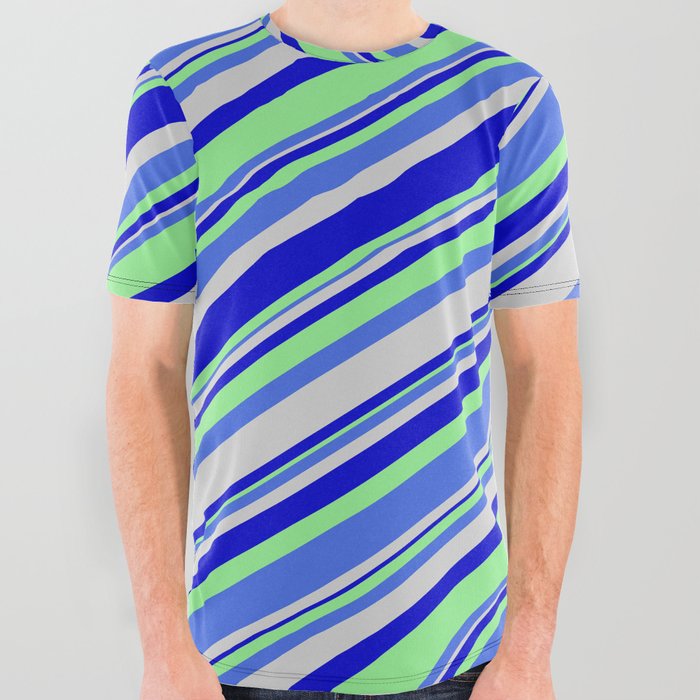 Light Green, Royal Blue, Light Grey, and Blue Colored Lines Pattern All Over Graphic Tee