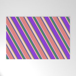 [ Thumbnail: Purple, Sea Green, Light Coral, and Bisque Colored Lined/Striped Pattern Welcome Mat ]