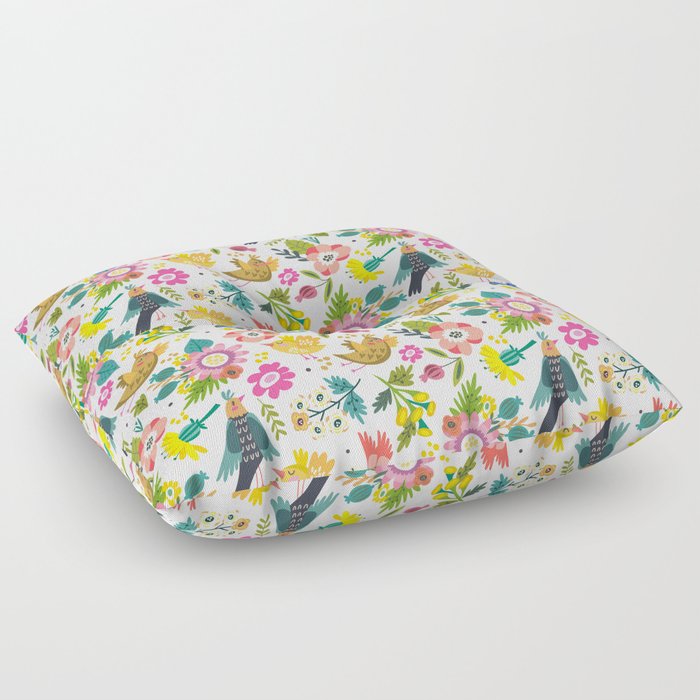 Floral Birds Flowers Pattern Bright Garden Floor Pillow