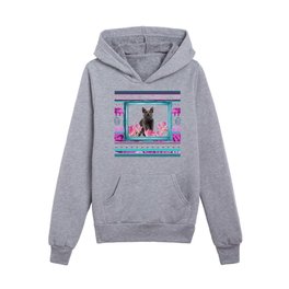 Turquoise Frame - grey Cat with Lotos Flowers Kids Pullover Hoodies