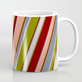[ Thumbnail: Colorful Slate Gray, Light Gray, Dark Salmon, Green, and Maroon Colored Lined Pattern Coffee Mug ]