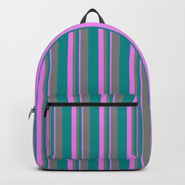 [ Thumbnail: Dark Cyan, Grey, and Violet Colored Stripes/Lines Pattern Backpack ]