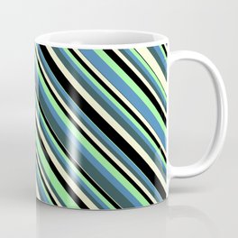 [ Thumbnail: Colorful Green, Blue, Dark Slate Gray, Light Yellow, and Black Colored Stripes/Lines Pattern Coffee Mug ]