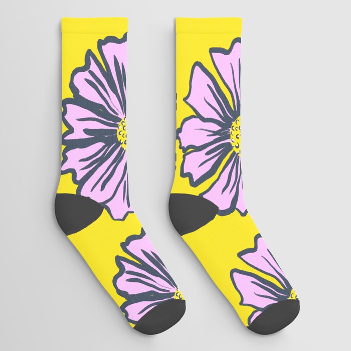 Modern Spring Pink Daisy Flowers On Yellow Socks