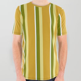 [ Thumbnail: Eye-catching Green, Tan, Goldenrod, White, and Dark Green Colored Lined/Striped Pattern All Over Graphic Tee ]