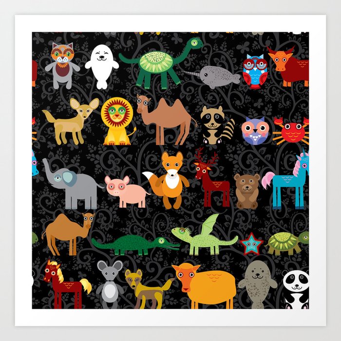 Set Of Funny Cartoon Animals Character On Black Seamless Background Zoo Art Print By Ekaterinap Society6