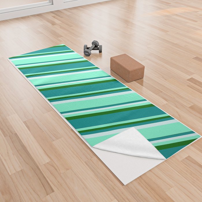Dark Green, Dark Cyan, Light Cyan, and Aquamarine Colored Lined Pattern Yoga Towel