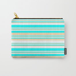[ Thumbnail: White, Aqua & Tan Colored Striped/Lined Pattern Carry-All Pouch ]