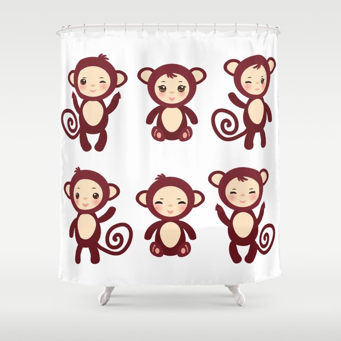 Set Of Funny Brown Monkey Boys And Girls On White Background