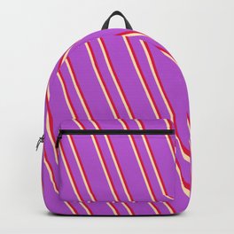 [ Thumbnail: Orchid, Crimson, and Beige Colored Lined/Striped Pattern Backpack ]