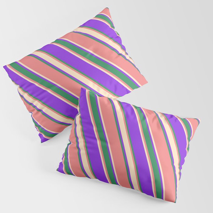Purple, Sea Green, Light Coral, and Bisque Colored Lined/Striped Pattern Pillow Sham
