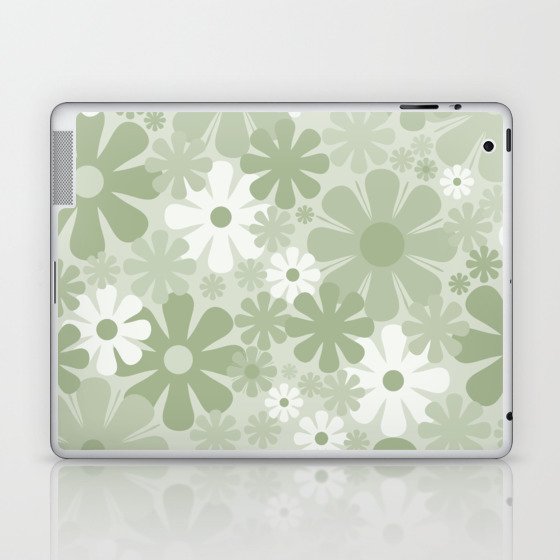 Retro 60s 70s Aesthetic Floral Pattern in Pretty Pastel Sage Green Laptop & iPad Skin