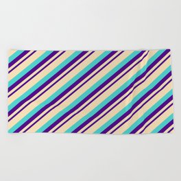 [ Thumbnail: Indigo, Tan, and Turquoise Colored Striped/Lined Pattern Beach Towel ]