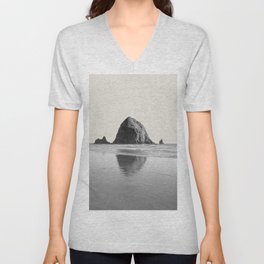 Cannon Beach Haystack Black and White V Neck T Shirt