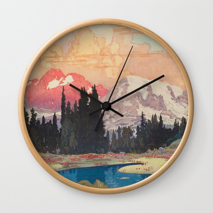 Storms over Keiisino - Winter Mountain & Forest Ukiyoe Nature Landscape in Pink, Blue, and Green Wall Clock