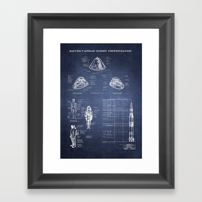 Apollo 11 Saturn V Command Module Blueprint in High Resolution (dark blue) Framed Art Print