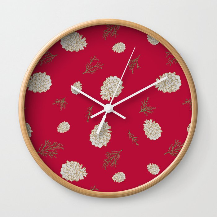 Pinecones in Silver & Gold on Red Wall Clock