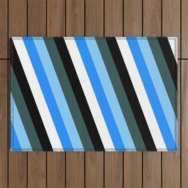 [ Thumbnail: Dark Slate Gray, Light Sky Blue, Blue, White, and Black Colored Lines Pattern Outdoor Rug ]
