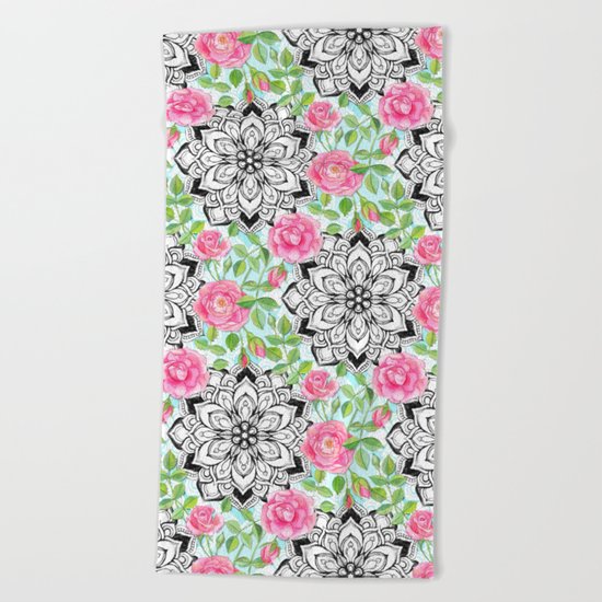 Pink Roses and Mandalas on Sky Blue Lace Beach Towel
