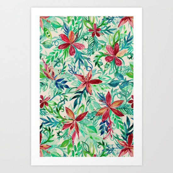 Vintage Tropical Floral - a watercolor pattern Art Print