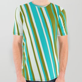 [ Thumbnail: Dark Turquoise, Mint Cream, and Green Colored Striped/Lined Pattern All Over Graphic Tee ]