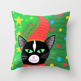 Christmas Cat Tuxedo Green Eyes Throw Pillow