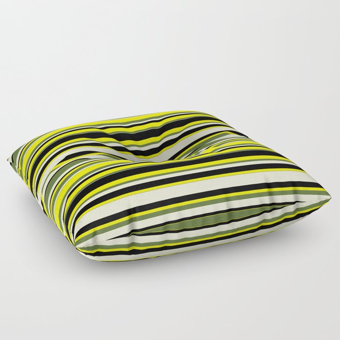 Yellow, Dark Olive Green, Light Yellow, and Black Colored Lines Pattern Floor Pillow