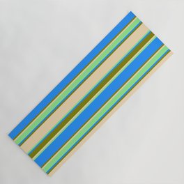 [ Thumbnail: Tan, Light Green, Blue, and Green Colored Lined/Striped Pattern Yoga Mat ]