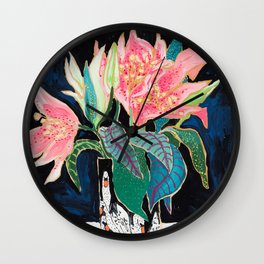 Swan Vase with Pink Lily Flower Bouquet on Dark Blue and Black Winter Floral Wall Clock