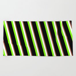 [ Thumbnail: Eyecatching Hot Pink, Brown, White, Chartreuse & Black Colored Pattern of Stripes Beach Towel ]