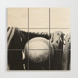 Old retro baseball monochrome ball and glove Wood Wall Art