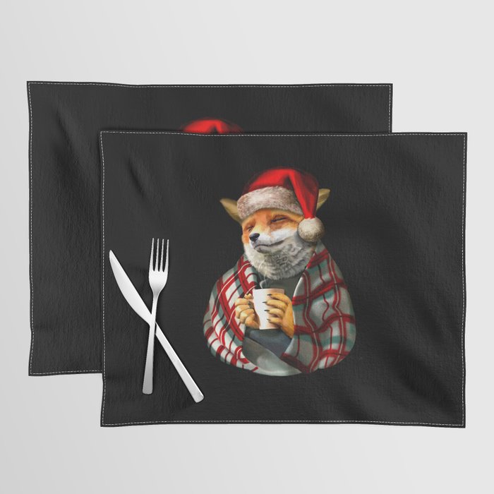 Fox in Santa Hat. Christmas Red Fox with coffee mug Placemat