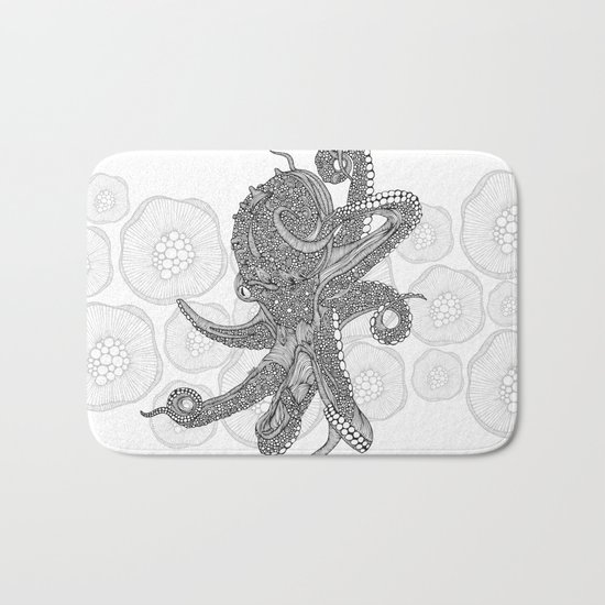 Octopus Bloom black and white Bath Mat