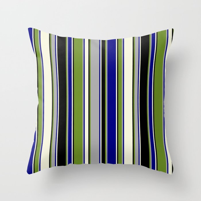 Green, Dark Gray, Blue, Beige, and Black Colored Lined Pattern Throw Pillow