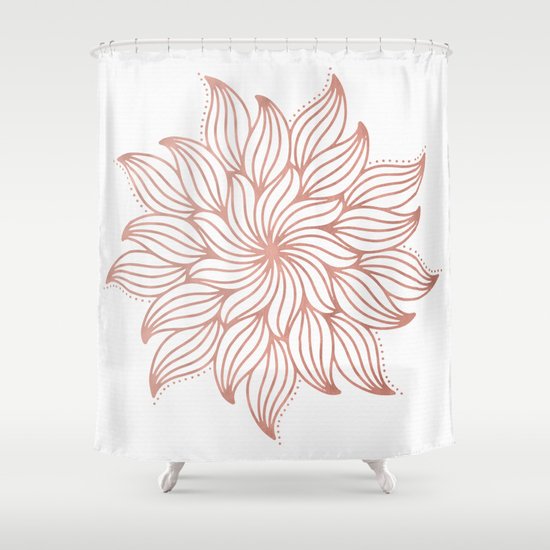 Mandala Floral Rose Gold on White Shower Curtain by Nature