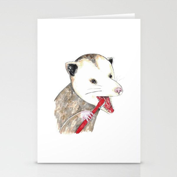 Opossum brushing teeth bath watercolor painting Stationery Cards