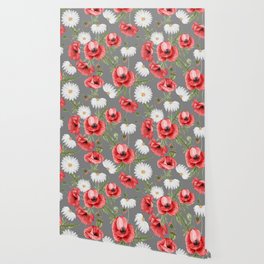 Daisy and Poppy Seamless Pattern on Grey Background Wallpaper