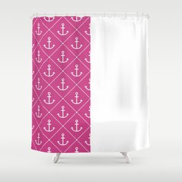 White Anchors on Fuchsia Pink and White Vertical Split Shower Curtain