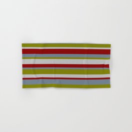 [ Thumbnail: Slate Gray, Green, Grey & Dark Red Colored Pattern of Stripes Hand & Bath Towel ]